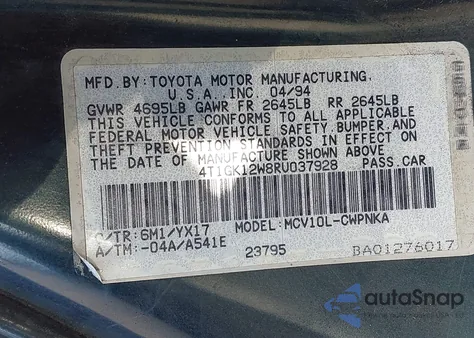 1994 Toyota Camry Le из США, поврежденный, VIN 4T1GK12W8RU037928